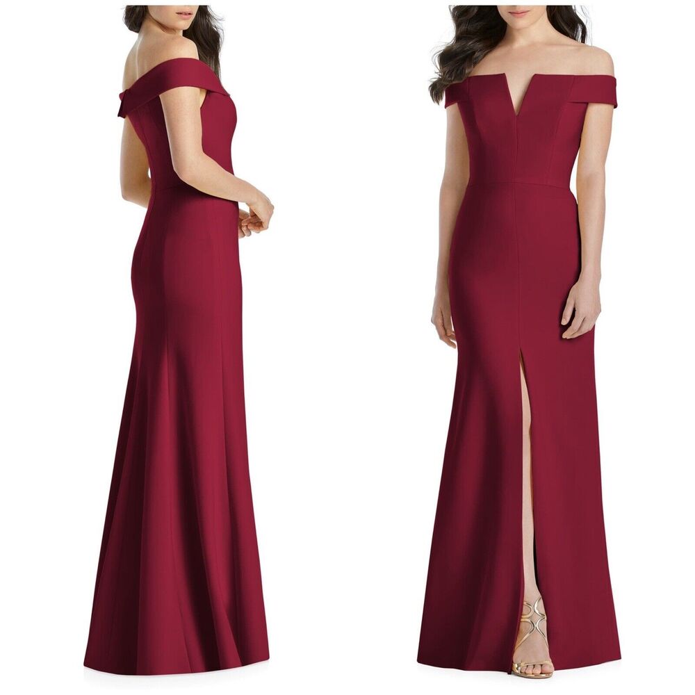 Dessy Collection Notched Off The Shoulder Burgundy Crepe Gown, Size 2 NWT